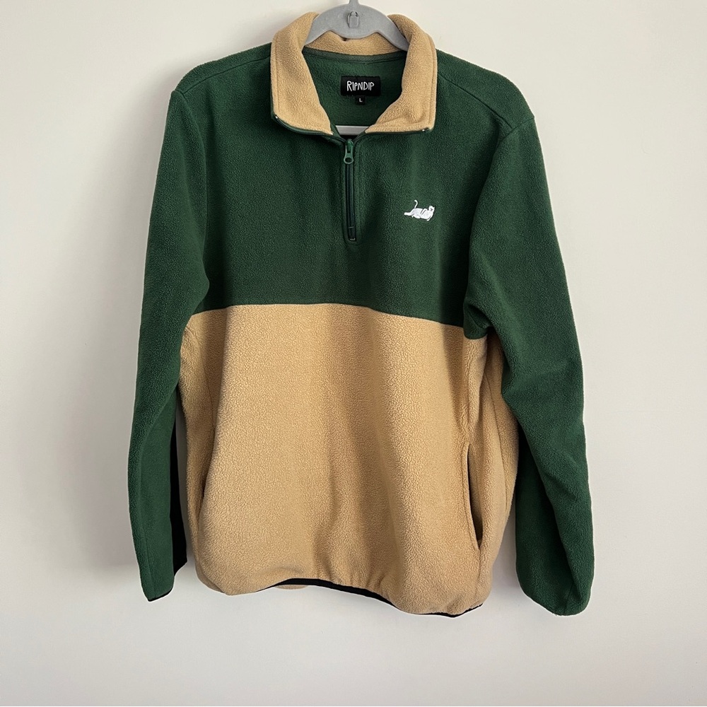 RIPNDIP Castanza Fleece 3/4 Zip Up Sweatshirt Colorblock Green Tan Size Large